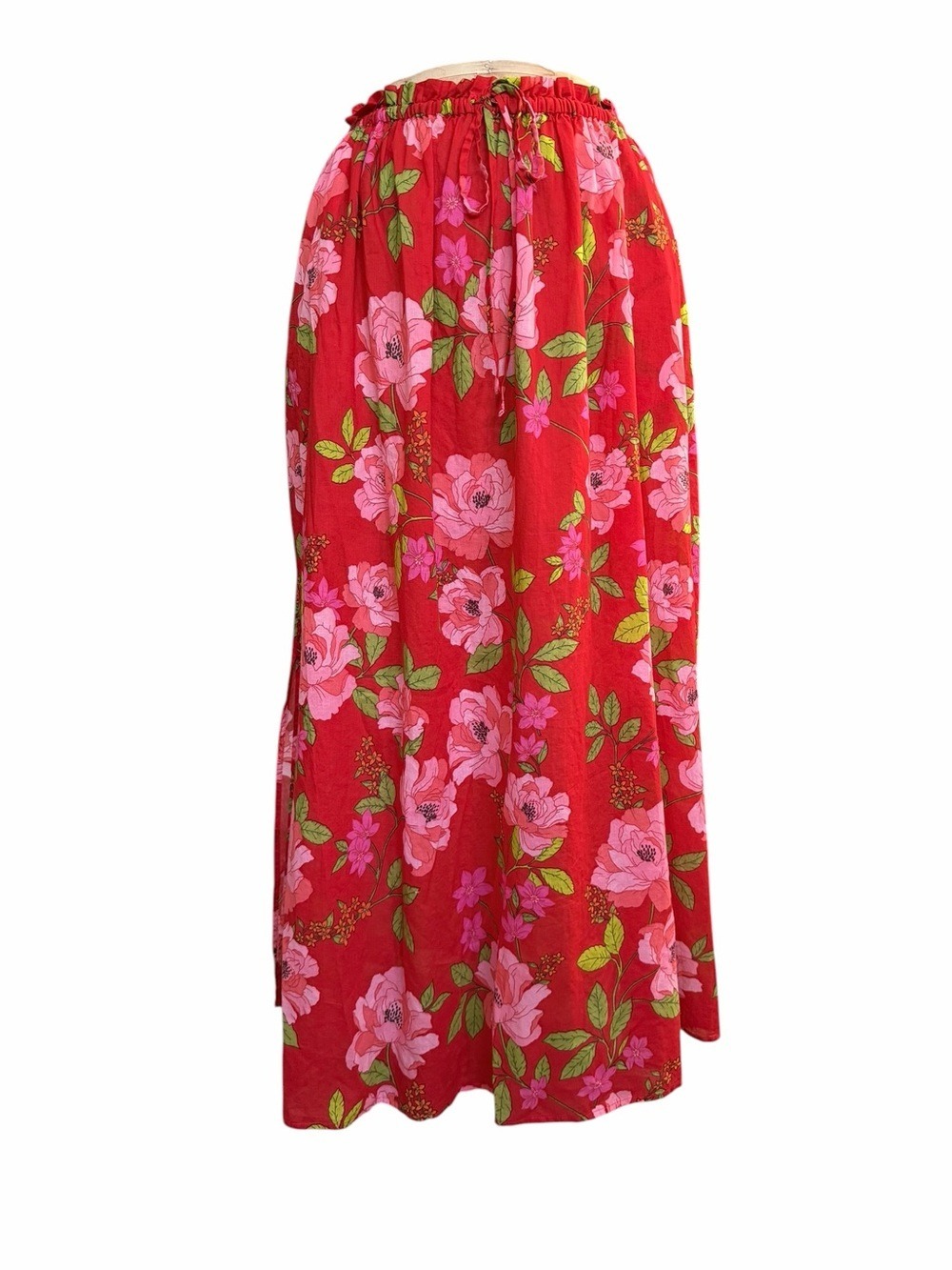 J. Crew Cotton Voile Red Floral Maxi Skirt Peony Vines S Oversized Lightweight - Picture 2 of 11